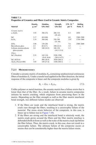 internal combustion engines, gas turbine components, heat exchangers, and
biomedical implants.
7.1 METAL MATRIX COMPOSITES
The metal matrix composites (MMC) can be divided into four general categories:
1. Fiber-reinforced MMC containing either continuous or discontinuous
fiber reinforcements; the latter are in the form of whiskers with approxi-
mately 0.10.5 mm in diameter and have a length-to-diameter ratio up
to 200.
2. Particulate-reinforced MMC containing either particles or platelets that
range in size from 0.5 to 100 mm. The particulates can be incorporated
into the metal matrix to higher volume fractions than the whiskers.
3. Dispersion-strengthened MMC containing particles that are 0.1 mm in
diameter.
4. In situ MMC, such as directionally solidified eutectic alloys.
In this chapter, we focus our attention on the first two categories, more
specifically on whisker- and particulate-reinforced MMCs. More detailed infor-
mations on MMC can be found in Refs. [1–4].
Continuous carbon or boron fiber-reinforced MMCs have been under
development for 20 years; however, they have found limited use due to
problems in controlling the chemical reaction between the fibers and the molten
metal at the high processing temperatures used for such composites. The result
of this chemical reaction is a brittle interphase that reduces the mechanical
properties of the composite. Fiber surface treatments developed to reduce this
problem increase the cost of the fiber. Additionally, the manufacturing cost of
continuous carbon or boron fiber-reinforced MMC is also high, which makes
them less attractive for many applications. Much of the recent work on MMC
is based on silicon carbide whiskers (SiCw) or silicon carbide particulates
(SiCp). SiC is less prone to oxidative reactions at the processing temperatures
used. Furthermore, not only they are less expensive than carbon or boron
fibers, but also they can be incorporated into metal matrices using common
manufacturing techniques, such as powder metallurgy and casting.
7.1.1 MECHANICAL PROPERTIES
In Chapter 2, we discussed simple micromechanical models in relation to
polymer matrix composites in which fibers carry the major portion of the
composite load by virtue of their high modulus compared with the polymer
matrix, such as epoxy. The same micromechanical models can be applied to
MMC with some modifications. The modulus of metals is an order of magni-
tude higher than that of polymers (Table 7.1). Many metals are capable of
ß 2007 by Taylor  Francis Group, LLC.
 