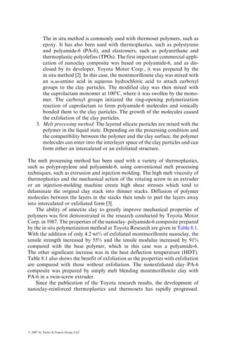 composites is 20 MPa m1=2
, compared with about 1 MPa m1=2
for uncoated
fiber composites.
Thomson and LeCostaonec [33] reported the tensile and flexural properties
of Si3N4 matrix reinforced with unidirectional and bidirectional SiC monofila-
ments. The fibers are designated as SCS-6 (filament diameter ¼ 140 mm) and
SCS-9 (filament diameter ¼ 75 mm), both having a double carbon-rich layer on
the outside surface. The purpose of the double layer is to enhance the fiber
strength as well as to promote debonding. As demonstrated in Figure 7.14,
SCS-reinforced Si3N4 composites exhibit considerable load-carrying capability
and toughness beyond the initial matrix microcracking at both 238C and 13508C.
7.2.3 MANUFACTURING PROCESSES
The manufacturing processes for ceramic matrix composites can be divided into
two groups.
7.2.3.1 Powder Consolidation Process
This is a two-step process of first making a ‘‘green’’ compact, followed by
hot pressing the compact into the final shape (Figure 7.15). Hot pressing at
Max. stress=280 MPa (40 ksi)
Coated SiC fibers
in SiO2 matrix
Max. stress =
80 MPa (11 ksi)
Uncoated SiC fibers
in SiO2 matrix
Deflection
Load
FIGURE 7.13 Effect of fiber surface coating on the room temperature flexural load-
deflection diagrams of SiC (Nicalon)-reinforced SiO2. (Adapted from Rice, R.W. and
Lewis, D., III, Reference Book for Composites Technology, Vol. 1, S.M. Lee, ed.,
Technomic Pub. Co., Lancaster, PA, 1989.)
ß 2007 by Taylor  Francis Group, LLC.
 