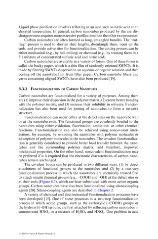 where K and m are material constants obtained from experimentally
determined stress–strain data. K and m for the fibers are different from
K and m for the matrix.
Assuming that the longitudinal stress–strain relationship for the
composite can also be described by a similar equation, derive the mater-
ial constants K and m of the composite in terms of fiber and matrix
parameters.
P7.3. Referring to Problem P7.2, determine the stress–strain equation for a
unidirectional beryllium fiber-reinforced aluminum alloy. Assume that
the fiber volume fraction is 0.4. Material constants for the fiber and the
matrix are given as follows:
K (MPa) m
Beryllium fiber 830 0.027
Aluminum matrix 250 0.127
P7.4. Referring to Appendix A.2, determine the thermal residual stresses in a
unidirectional SCS-6-reinforced titanium alloy (vf ¼ 40%) and com-
ment on their effects on the failure mode expected in this composite
under longitudinal tensile loading. The fabrication temperature is
9408C. Use the following fiber and matrix characteristics in your calcu-
lations:
Fiber: Ef ¼ 430 GPa, vf ¼ 0:25, af ¼ 4:3  106
per8C,
sfu ¼ 3100 MPa, rf ¼ 102 mm:
Matrix: Em ¼ 110 GPa, vm ¼ 0:34, am ¼ 9:5  106
per8C,
smy ¼ 800 MPa, smu ¼ 850 MPa, «mu ¼ 15%:
P7.5. Using Halpin–Tsai equations, determine the tensile modulus of 20 vol%
SiC whisker-reinforced 2024-T6 aluminum alloy for (a) lf=df ¼ 1 and
(b) lf=df ¼ 10. Assume a random orientation for the whiskers.
P7.6. SiCw-reinforced 6061-T6 aluminum alloy (vf ¼ 0.25) is formed by
powder metallurgy and then extruded into a sheet. Microscopic exam-
ination of the cross section shows about 90% of the whiskers are aligned
in the extrusion direction. Assuming lf=df ¼ 10, estimate the tensile
modulus and strength of the composite. Make reasonable assumptions
for your calculations.
P7.7. Coefficient of thermal expansion of spherical particle-reinforced com-
posites is estimated using the Turner equation:
ß 2007 by Taylor  Francis Group, LLC.
 