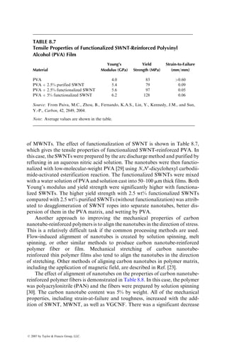 The in situ method is commonly used with thermoset polymers, such as
epoxy. It has also been used with thermoplastics, such as polystyrene
and polyamide-6 (PA-6), and elastomers, such as polyurethane and
thermoplastic polyolefins (TPOs). The first important commercial appli-
cation of nanoclay composite was based on polyamide-6, and as dis-
closed by its developer, Toyota Motor Corp., it was prepared by the
in situ method [2]. In this case, the montmorillonite clay was mixed with
an a,v-amino acid in aqueous hydrochloric acid to attach carboxyl
groups to the clay particles. The modified clay was then mixed with
the caprolactam monomer at 1008C, where it was swollen by the mono-
mer. The carboxyl groups initiated the ring-opening polymerization
reaction of caprolactam to form polyamide-6 molecules and ionically
bonded them to the clay particles. The growth of the molecules caused
the exfoliation of the clay particles.
3. Melt processing method: The layered silicate particles are mixed with the
polymer in the liquid state. Depending on the processing condition and
the compatibility between the polymer and the clay surface, the polymer
molecules can enter into the interlayer space of the clay particles and can
form either an intercalated or an exfoliated structure.
The melt processing method has been used with a variety of thermoplastics,
such as polypropylene and polyamide-6, using conventional melt processing
techniques, such as extrusion and injection molding. The high melt viscosity of
thermoplastics and the mechanical action of the rotating screw in an extruder
or an injection-molding machine create high shear stresses which tend to
delaminate the original clay stack into thinner stacks. Diffusion of polymer
molecules between the layers in the stacks then tends to peel the layers away
into intercalated or exfoliated form [3].
The ability of smectite clay to greatly improve mechanical properties of
polymers was first demonstrated in the research conducted by Toyota Motor
Corp. in 1987. The properties of the nanoclay–polyamide-6 composite prepared
by the in situ polymerization method at Toyota Research are given in Table 8.1.
With the addition of only 4.2 wt% of exfoliated montmorillonite nanoclay, the
tensile strength increased by 55% and the tensile modulus increased by 91%
compared with the base polymer, which in this case was a polyamide-6.
The other significant increase was in the heat deflection temperature (HDT).
Table 8.1 also shows the benefit of exfoliation as the properties with exfoliation
are compared with those without exfoliation. The nonexfoliated clay–PA-6
composite was prepared by simply melt blending montmorillonite clay with
PA-6 in a twin-screw extruder.
Since the publication of the Toyota research results, the development of
nanoclay-reinforced thermoplastics and thermosets has rapidly progressed.
ß 2007 by Taylor  Francis Group, LLC.
 