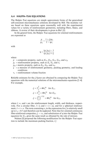 applications. It has been used with a variety of thermoplastics, such as
high-density polyethylene, polypropylene, polystyrene, polycarbonate,
and polyamide-6. In this process, the nanotubes are blended with the
liquid polymer in a high shear mixer or in an extruder. The blend is then
processed to produce the final product using injection molding, extru-
sion, or compression molding. It is important to note that the addition
of carbon nanotubes increases the viscosity of the liquid polymer, and
therefore, proper adjustments need to be made in the process parameters
to mold a good product.
Carbon nanotubes have also been used with thermoset polymers such as epoxy
and vinyl ester. They are dispersed in the liquid thermoset prepolymer using
sonication. After mixing the blend with a hardener or curing initiator, it is
poured into a casting mold, which is then heated to the curing temperature.
Curing can be conducted in vacuum to reduce the void content in the compos-
ite. To improve the dispersion of the nanotubes, the viscosity of the thermoset
prepolymer can be reduced with a solvent that can be evaporated later.
8.3.6 PROPERTIES OF CARBON NANOTUBE–POLYMER COMPOSITES
Based on the mechanical properties of carbon nanotubes described in Section
8.3.4, it is expected that the incorporation of carbon nanotubes in a polymer
matrix will create composites with very high modulus and strength. Indeed,
many studies have shown that with proper dispersion of nanotubes in the
polymer matrix, significant improvement in mechanical properties can be
achieved compared with the neat polymer. Three examples are given as follows.
In the first example, CVD-produced MWNTs were dispersed in a toluene
solution of polystyrene using an ultrasonic bath [24]. The mean external
diameter of the MWNTs was 30 nm and their length was between 50 and 55
mm. No functionalization treatments were used. MWNT-reinforced polystyr-
ene film was produced by solution casting. Tensile properties of the solution
cast films given in Table 8.4 show that both elastic modulus and tensile
strength increased with increasing MWNT weight fraction. With the addition
of 5 wt% MWNT, the elastic modulus of the composite was 120% higher and
the tensile strength was 57% higher than the corresponding properties of
polystyrene.
The second example involves melt-processed MWNT-reinforced poly-
amide-6 [25]. The MWNTs, in this example, was also prepared by CVD and
functionalized by treating them in nitric acid. The MWNTs and polyamide-6
were melt-compounded in a twin-screw mixer and film specimens were prepared
by compression molding. The MWNT content in the composite was 1 wt%. As
shown in Table 8.5, both tensile modulus and strength of the composite were
significantly higher compared with the tensile modulus and strength of poly-
amide-6. However, the elongation at break was decreased.
ß 2007 by Taylor  Francis Group, LLC.
 