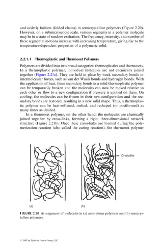 and orderly fashion (folded chains) in semicrystalline polymers (Figure 2.20).
However, on a submicroscopic scale, various segments in a polymer molecule
may be in a state of random excitation. The frequency, intensity, and number of
these segmental motions increase with increasing temperature, giving rise to the
temperature-dependent properties of a polymeric solid.
2.2.1.1 Thermoplastic and Thermoset Polymers
Polymers are divided into two broad categories: thermoplastics and thermosets.
In a thermoplastic polymer, individual molecules are not chemically joined
together (Figure 2.21a). They are held in place by weak secondary bonds or
intermolecular forces, such as van der Waals bonds and hydrogen bonds. With
the application of heat, these secondary bonds in a solid thermoplastic polymer
can be temporarily broken and the molecules can now be moved relative to
each other or flow to a new configuration if pressure is applied on them. On
cooling, the molecules can be frozen in their new configuration and the sec-
ondary bonds are restored, resulting in a new solid shape. Thus, a thermoplas-
tic polymer can be heat-softened, melted, and reshaped (or postformed) as
many times as desired.
In a thermoset polymer, on the other hand, the molecules are chemically
joined together by cross-links, forming a rigid, three-dimensional network
structure (Figure 2.21b). Once these cross-links are formed during the poly-
merization reaction (also called the curing reaction), the thermoset polymer
Crystallite
(a) (b)
FIGURE 2.20 Arrangement of molecules in (a) amorphous polymers and (b) semicrys-
talline polymers.
ß 2007 by Taylor  Francis Group, LLC.
 