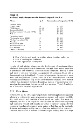 4. Ease of joining and repair by welding, solvent bonding, and so on
5. Ease of handling (no tackiness)
6. Can be reprocessed and recycled
In spite of such distinct advantages, the development of continuous fiber-
reinforced thermoplastic matrix composites has been much slower than that
of continuous fiber-reinforced thermoset matrix composites. Because of their
high melt or solution viscosities, incorporation of continuous fibers into a
thermoplastic matrix is difficult. Commercial engineering thermoplastic poly-
mers, such as nylons and polycarbonate, are of very limited interest in struc-
tural applications because they exhibit lower creep resistance and lower thermal
stability than thermoset polymers. Recently, a number of thermoplastic poly-
mers have been developed that possess high heat resistance (Table 2.7) and they
are of interest in aerospace applications.
2.2.2 METAL MATRIX
Metal matrix has the advantage over polymeric matrix in applications requiring
a long-term resistance to severe environments, such as high temperature [14].
The yield strength and modulus of most metals are higher than those for
polymers, and this is an important consideration for applications requiring
high transverse strength and modulus as well as compressive strength for the
composite. Another advantage of using metals is that they can be plastically
deformed and strengthened by a variety of thermal and mechanical treatments.
However, metals have a number of disadvantages, namely, they have high
TABLE 2.7
Maximum Service Temperature for Selected Polymeric Matrices
Polymer Tg, 8C Maximum Service Temperature, 8C (8F)
Thermoset matrix
DGEBA epoxy 180 125 (257)
TGDDM epoxy 240–260 190 (374)
Bismaleimides (BMI) 230–290 232 (450)
Acetylene-terminated polyimide (ACTP) 320 280 (536)
PMR-15 340 316 (600)
Thermoplastic matrix
Polyether ether ketone (PEEK) 143 250 (482)
Polyphenylene sulfide (PPS) 85 240 (464)
Polysulfone 185 160 (320)
Polyetherimide (PEI) 217 267 (512)
Polyamide-imide (PAI) 280 230 (446)
K-III polyimide 250 225 (437)
LARC-TPI polyimide 265 300 (572)
ß 2007 by Taylor  Francis Group, LLC.
 