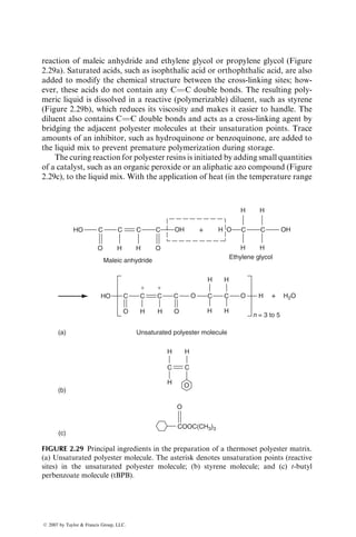 reaction of maleic anhydride and ethylene glycol or propylene glycol (Figure
2.29a). Saturated acids, such as isophthalic acid or orthophthalic acid, are also
added to modify the chemical structure between the cross-linking sites; how-
ever, these acids do not contain any C¼
¼C double bonds. The resulting poly-
meric liquid is dissolved in a reactive (polymerizable) diluent, such as styrene
(Figure 2.29b), which reduces its viscosity and makes it easier to handle. The
diluent also contains C¼
¼C double bonds and acts as a cross-linking agent by
bridging the adjacent polyester molecules at their unsaturation points. Trace
amounts of an inhibitor, such as hydroquinone or benzoquinone, are added to
the liquid mix to prevent premature polymerization during storage.
The curing reaction for polyester resins is initiated by adding small quantities
of a catalyst, such as an organic peroxide or an aliphatic azo compound (Figure
2.29c), to the liquid mix. With the application of heat (in the temperature range
+
∗ ∗
HO
(a)
(b)
(c)
OH OH
H O
H H
H H
C C C C
HO C C C C C C
H H
H H
O H H
H
H
H
C C
O
O
O
COOC(CH3)3
O O H
n = 3 to 5
H2O
+
O H H
Maleic anhydride
Unsaturated polyester molecule
Ethylene glycol
O
C C
FIGURE 2.29 Principal ingredients in the preparation of a thermoset polyester matrix.
(a) Unsaturated polyester molecule. The asterisk denotes unsaturation points (reactive
sites) in the unsaturated polyester molecule; (b) styrene molecule; and (c) t-butyl
perbenzoate molecule (tBPB).
ß 2007 by Taylor  Francis Group, LLC.
 