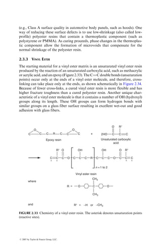 (e.g., Class A surface quality in automotive body panels, such as hoods). One
way of reducing these surface defects is to use low-shrinkage (also called low-
profile) polyester resins that contain a thermoplastic component (such as
polystyrene or PMMA). As curing proceeds, phase changes in the thermoplas-
tic component allow the formation of microvoids that compensate for the
normal shrinkage of the polyester resin.
2.3.3 VINYL ESTER
The starting material for a vinyl ester matrix is an unsaturated vinyl ester resin
produced by the reaction of an unsaturated carboxylic acid, such as methacrylic
or acrylic acid, and an epoxy (Figure 2.33). The C¼
¼C double bonds (unsaturation
points) occur only at the ends of a vinyl ester molecule, and therefore, cross-
linking can take place only at the ends, as shown schematically in Figure 2.34.
Because of fewer cross-links, a cured vinyl ester resin is more flexible and has
higher fracture toughness than a cured polyester resin. Another unique char-
acteristic of a vinyl ester molecule is that it contains a number of OH (hydroxyl)
groups along its length. These OH groups can form hydrogen bonds with
similar groups on a glass fiber surface resulting in excellent wet-out and good
adhesion with glass fibers.
C C C
C C C C C
OH
C
R O O
C
CH3
CH3
−CH3
=
C
n =1 to 2
C
Vinyl ester resin
C C C C
R
O
O O
R
Epoxy resin
where
and
Unsaturated carboxylic
acid
R9
R9
R9 or
−H
R9
C C
O
C +
O
C
2HO
OH O
C C
O
=
∗ ∗ ∗
∗
FIGURE 2.33 Chemistry of a vinyl ester resin. The asterisk denotes unsaturation points
(reactive sites).
ß 2007 by Taylor  Francis Group, LLC.
 