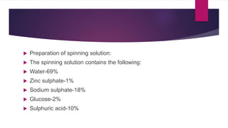  Preparation of spinning solution:
 The spinning solution contains the following:
 Water-69%
 Zinc sulphate-1%
 Sodium sulphate-18%
 Glucose-2%
 Sulphuric acid-10%
 