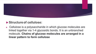 Structureof cellulose:
 Cellulose is a polysaccharide in which glucose molecules are
linked together via 1-4 glycosidic bonds. It is an unbranched
molecule. Chains of glucose molecules are arranged in a
linear pattern to form cellulose
 