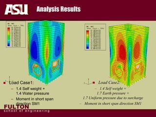 FULTON
s c h o o l o f e n g i n e e r i n g
Analysis Results
 Load Case1:
– 1.4 Self weight +
1.4 Water pressure
– Moment in short span
direction SM1
 Load Case2:
– 1.4 Self weight +
1.7 Earth pressure +
1.7 Uniform pressure due to surcharge
– Moment in short span direction SM1
 