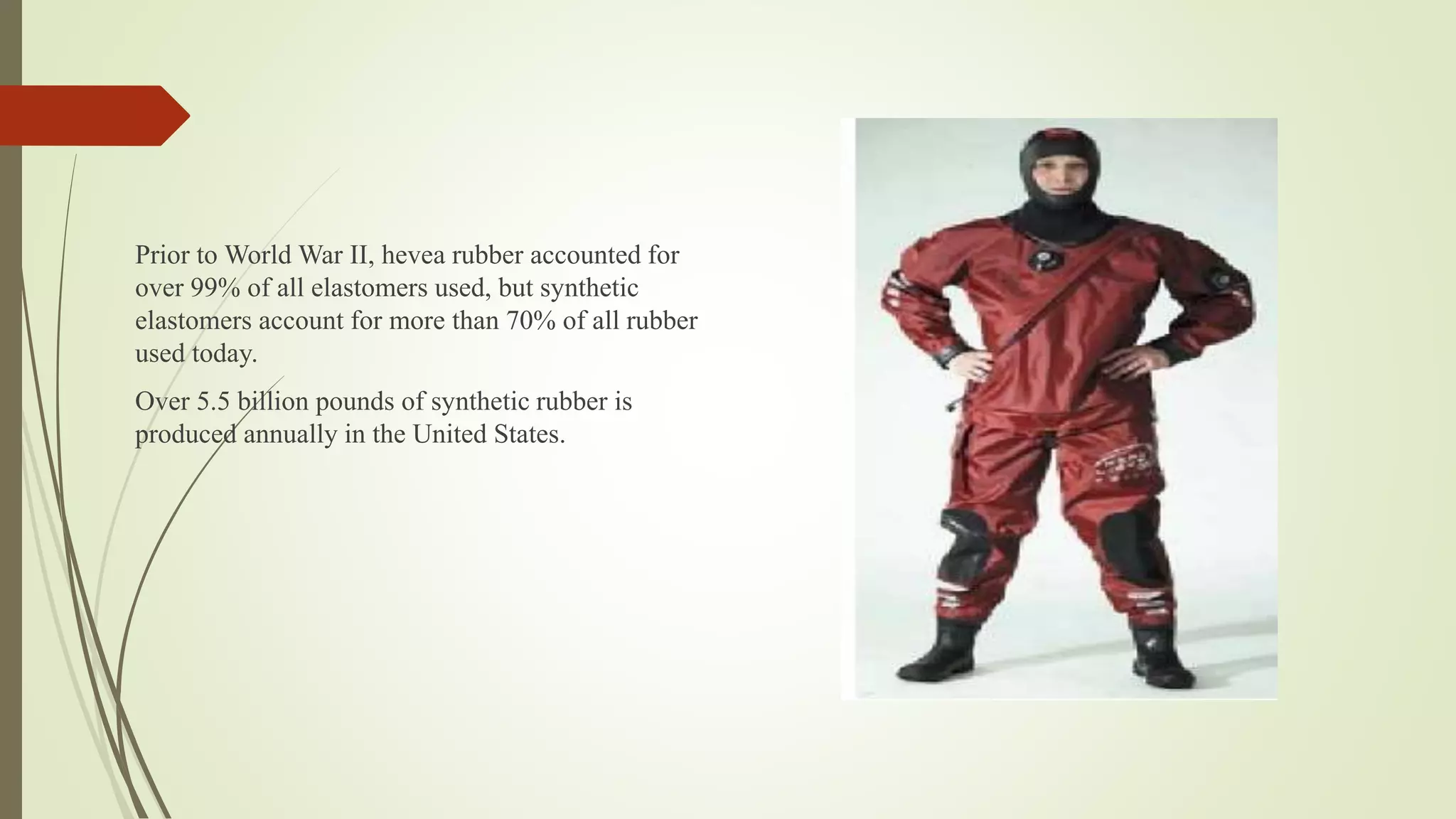 Prior to World War II, hevea rubber accounted for
over 99% of all elastomers used, but synthetic
elastomers account for more than 70% of all rubber
used today.
Over 5.5 billion pounds of synthetic rubber is
produced annually in the United States.
 