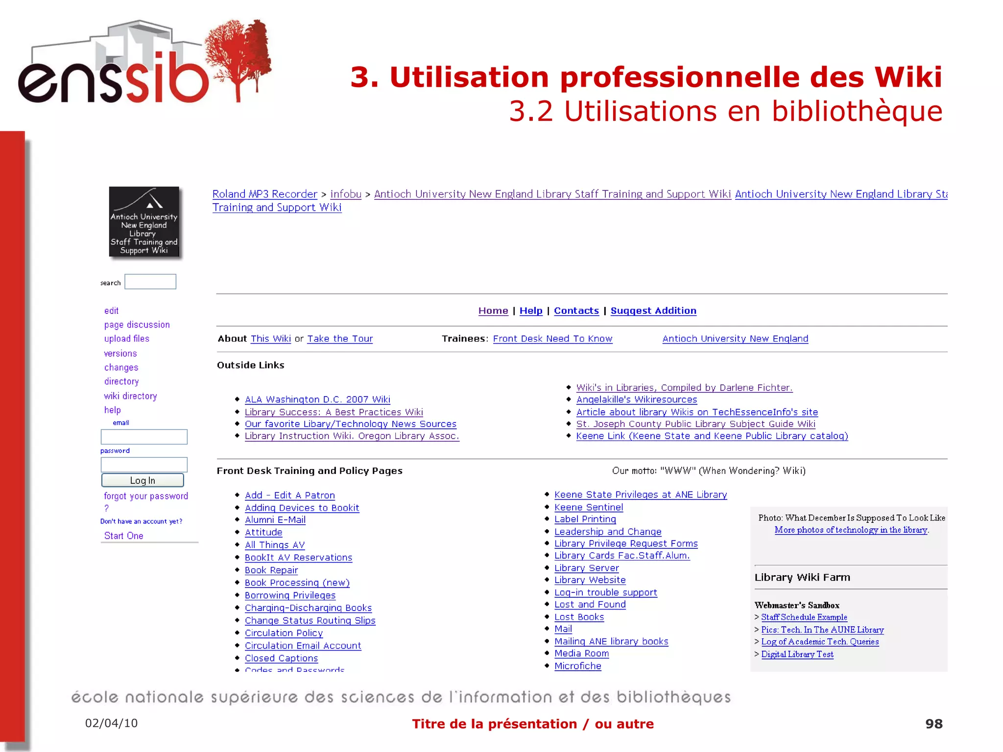 3. Utilisation professionnelle des Wiki 3.2 Utilisations en bibliothèque 