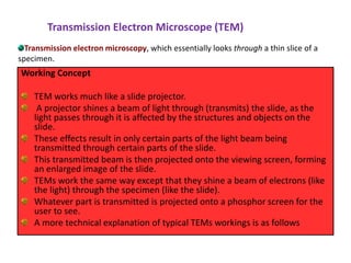 Working Concept
TEM works much like a slide projector.
A projector shines a beam of light through (transmits) the slide, as the
light passes through it is affected by the structures and objects on the
slide.
These effects result in only certain parts of the light beam being
transmitted through certain parts of the slide.
This transmitted beam is then projected onto the viewing screen, forming
an enlarged image of the slide.
TEMs work the same way except that they shine a beam of electrons (like
the light) through the specimen (like the slide).
Whatever part is transmitted is projected onto a phosphor screen for the
user to see.
A more technical explanation of typical TEMs workings is as follows
Transmission Electron Microscope (TEM)
Transmission electron microscopy, which essentially looks through a thin slice of a
specimen.
 
