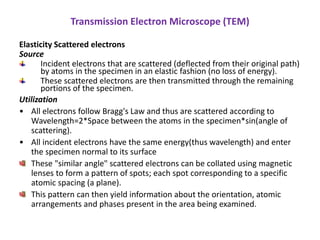 Elasticity Scattered electrons
Source
Incident electrons that are scattered (deflected from their original path)
by atoms in the specimen in an elastic fashion (no loss of energy).
These scattered electrons are then transmitted through the remaining
portions of the specimen.
Utilization
• All electrons follow Bragg's Law and thus are scattered according to
Wavelength=2*Space between the atoms in the specimen*sin(angle of
scattering).
• All incident electrons have the same energy(thus wavelength) and enter
the specimen normal to its surface
These "similar angle" scattered electrons can be collated using magnetic
lenses to form a pattern of spots; each spot corresponding to a specific
atomic spacing (a plane).
This pattern can then yield information about the orientation, atomic
arrangements and phases present in the area being examined.
Transmission Electron Microscope (TEM)
 