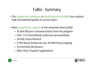 FuBio - Summary
• The competence platform in wood biorefinery R&D has reached
high international quality in several topics
• Main competence impacts in the wood biorefinery R&D
– To date 88 peer reviewed articles from the program
– Over 115 international conference presentations
– 34 MSc thesis finished
– 5 PhD thesis finished & over 40 PhD thesis ongoing
– 44 Invention disclosures
– More than 10 patent applications

FuBio JR2

 