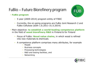 FuBio – Future Biorefinery program
• FuBio program
• 5 year (2009-2014) program entity of FIBIC
• Currently, the on-going programs are FuBio Joint Research 2 and
FuBio Cellulose (both 1.6.2011-31.5.2014)
• Main objective: to establish a world-leading competence platform
in the field of wood biorefinery R&D in Finland & for Finland
• Focus of FuBio: Novel value chains, in which wood is refined
into new materials & chemicals
• A competence platform comprises many attributes, for example
•
•
•
•
•

People
Business concepts
Processing technologies
R&D and testing facilities, and
Networking

 