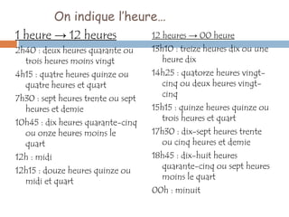 On indique l’heure…
1 heure → 12 heures      12 heures → 00 heure
2h40 : deux heures quarante ou      13h10 : treize heures dix ou une
  trois heures moins vingt             heure dix
4h15 : quatre heures quinze ou      14h25 : quatorze heures vingt-
  quatre heures et quart              cinq ou deux heures vingt-
                                      cinq
7h30 : sept heures trente ou sept
  heures et demie                   15h15 : quinze heures quinze ou
10h45 : dix heures quarante-cinq      trois heures et quart
  ou onze heures moins le           17h30 : dix-sept heures trente
  quart                               ou cinq heures et demie
12h : midi                          18h45 : dix-huit heures
                                      quarante-cinq ou sept heures
12h15 : douze heures quinze ou
                                      moins le quart
  midi et quart
                                    00h : minuit
 