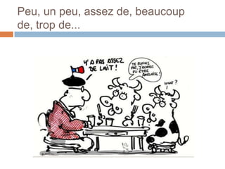 Peu, un peu, assez de, beaucoup
de, trop de...
 