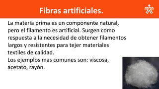 Fibras artificiales.
.
La materia prima es un componente natural,
pero el filamento es artificial. Surgen como
respuesta a la necesidad de obtener filamentos
largos y resistentes para tejer materiales
textiles de calidad.
Los ejemplos mas comunes son: viscosa,
acetato, rayón.
 