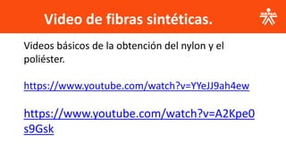 Video de fibras sintéticas.
.
Videos básicos de la obtención del nylon y el
poliéster.
https://www.youtube.com/watch?v=YYeJJ9ah4ew
https://www.youtube.com/watch?v=A2Kpe0
s9Gsk
 
