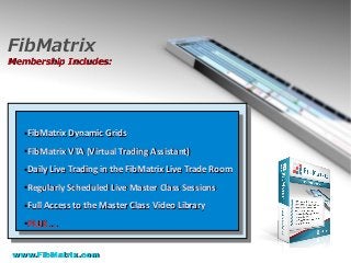 FibMatrix
Membership Includes:Membership Includes:
●
FibMatrix Dynamic GridsFibMatrix Dynamic Grids
●
FibMatrix VTA (Virtual Trading Assistant)FibMatrix VTA (Virtual Trading Assistant)
●
Daily Live Trading in the FibMatrix Live Trade RoomDaily Live Trading in the FibMatrix Live Trade Room
●
Regularly Scheduled Live Master Class SessionsRegularly Scheduled Live Master Class Sessions
●
Full Access to the Master Class Video LibraryFull Access to the Master Class Video Library
●
PLUS....PLUS....
www.FibMatrix.comwww.FibMatrix.com
 
