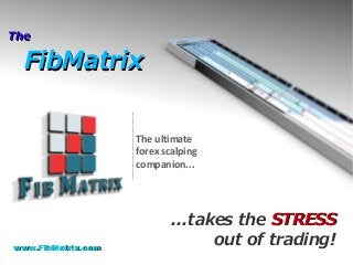 The ultimate
forex scalping
companion...
...takes the STRESSSTRESS
out of trading!
TheThe
FibMatrixFibMatrix
www.FibMatrix.comwww.FibMatrix.com
 
