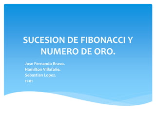 SUCESION DE FIBONACCI Y 
NUMERO DE ORO. 
Jose Fernando Bravo. 
Hamilton Villafañe. 
Sebastian Lopez. 
11-01 
 