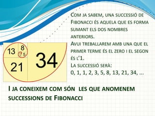 COM JA SABEM, UNA SUCCESSI? DE
FIBONACCI ?S AQUELA QUE ES FORMA
SUMANT ELS DOS NOMBRES
ANTERIORS.
AVUI TREBALLAREM AMB UNA QUE EL
PRIMER TERME ?S EL ZERO I EL SEGON
?S L1.
LA SUCCESSI? SER?:

0, 1, 1, 2, 3, 5, 8, 13, 21, 34, ...

I JA CONEIXEM COM S?N LES QUE ANOMENEM
SUCCESSIONS DE FIBONACCI

 