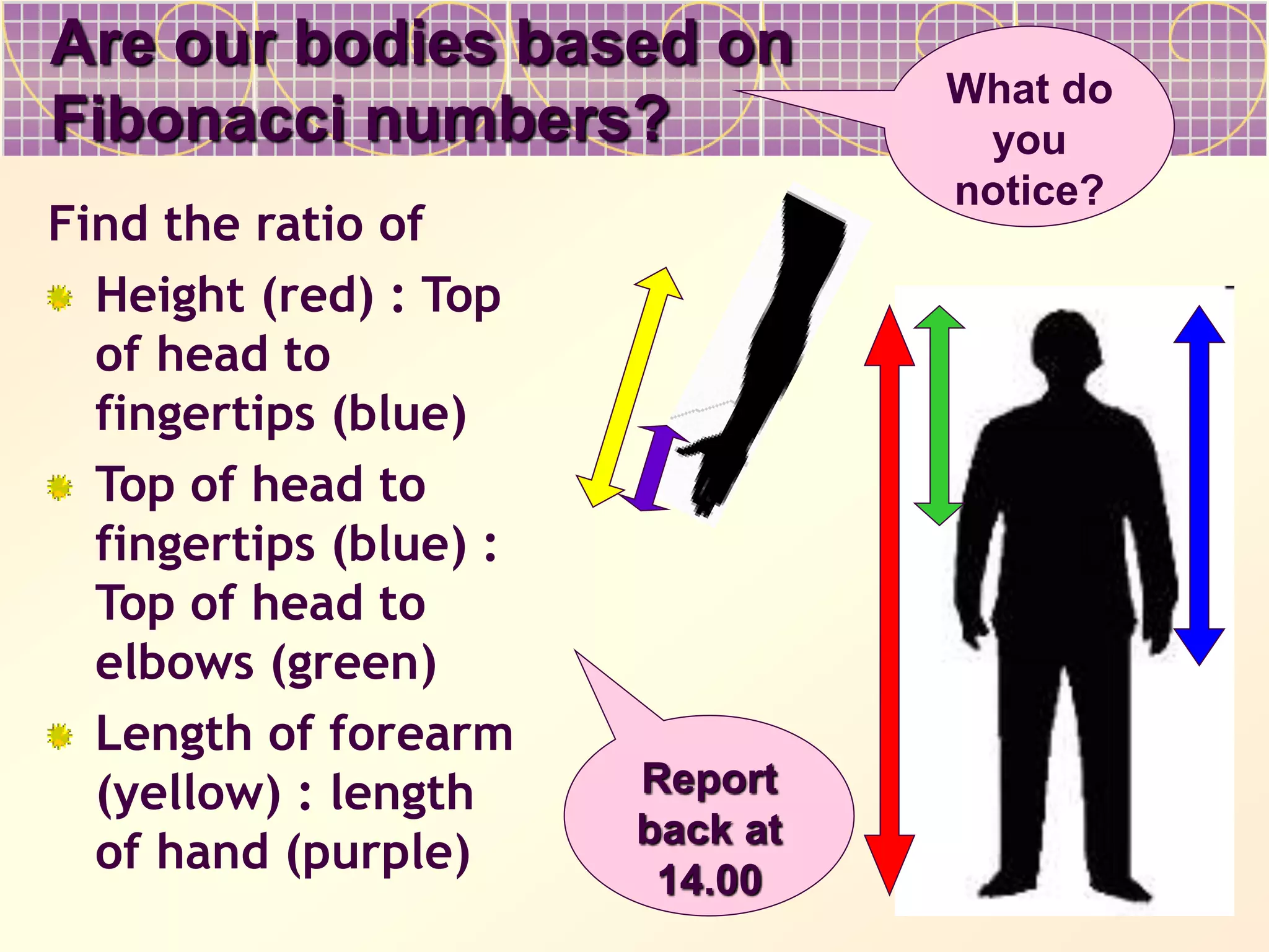 Are our bodies based on
Fibonacci numbers?
Find the ratio of
Height (red) : Top
of head to
fingertips (blue)
Top of head to
fingertips (blue) :
Top of head to
elbows (green)
Length of forearm
(yellow) : length
of hand (purple)
What do
you
notice?
Report
back at
14.00
 