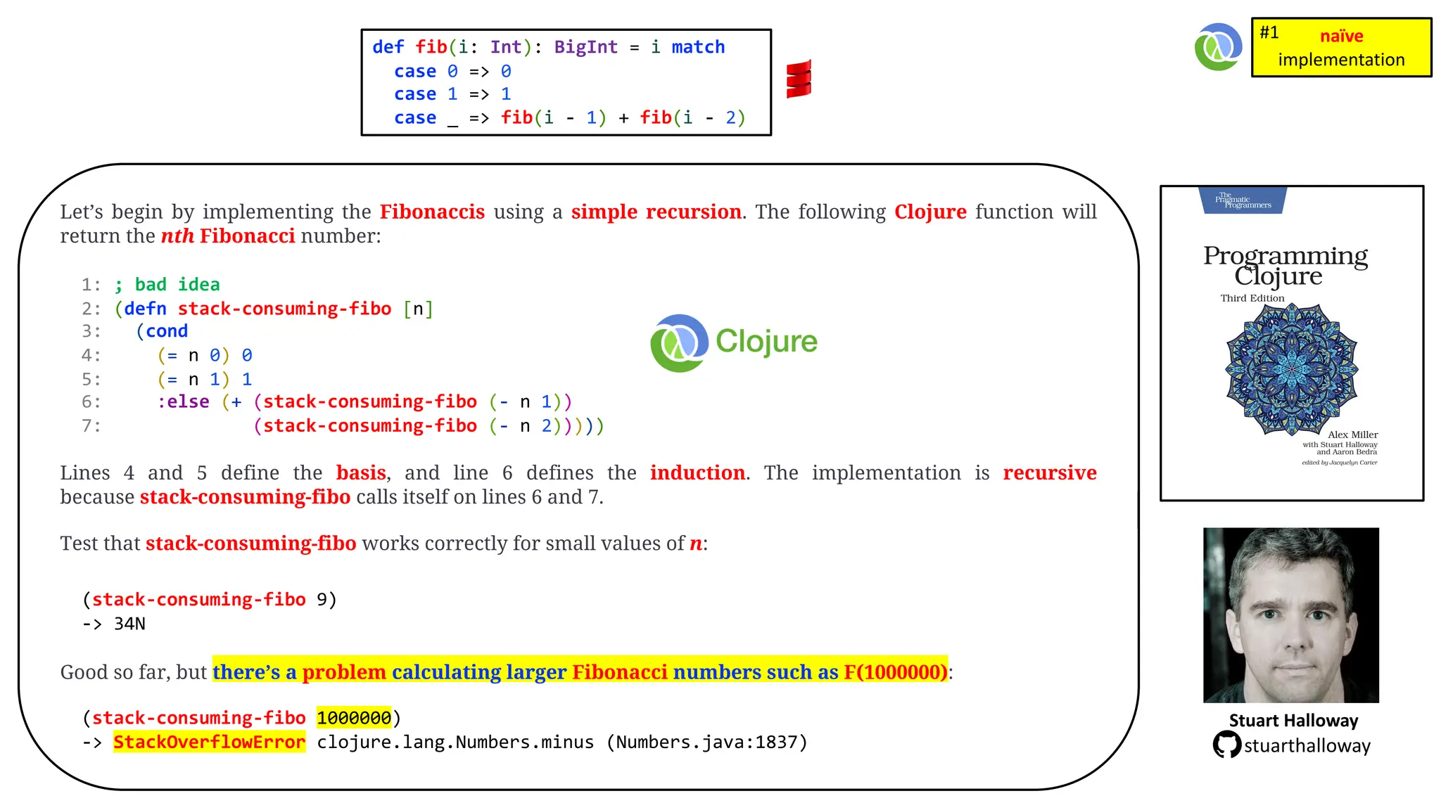 Let&rsquo;s begin by implementing the Fibonaccis using a simple recursion. The following Clojure function will
return the nth Fibonacci number:
1: ; bad idea
2: (defn stack-consuming-fibo [n]
3: (cond
4: (= n 0) 0
5: (= n 1) 1
6: :else (+ (stack-consuming-fibo (- n 1))
7: (stack-consuming-fibo (- n 2)))))
Lines 4 and 5 define the basis, and line 6 defines the induction. The implementation is recursive
because stack-consuming-fibo calls itself on lines 6 and 7.
Test that stack-consuming-fibo works correctly for small values of n:
(stack-consuming-fibo 9)
-> 34N
Good so far, but there&rsquo;s a problem calculating larger Fibonacci numbers such as F(1000000):
(stack-consuming-fibo 1000000)
-> StackOverflowError clojure.lang.Numbers.minus (Numbers.java:1837)
def fib(i: Int): BigInt = i match
case 0 => 0
case 1 => 1
case _ => fib(i - 1) + fib(i - 2)
na&iuml;ve
implementation
Stuart Halloway
stuarthalloway
na&iuml;ve
implementation
#1
 