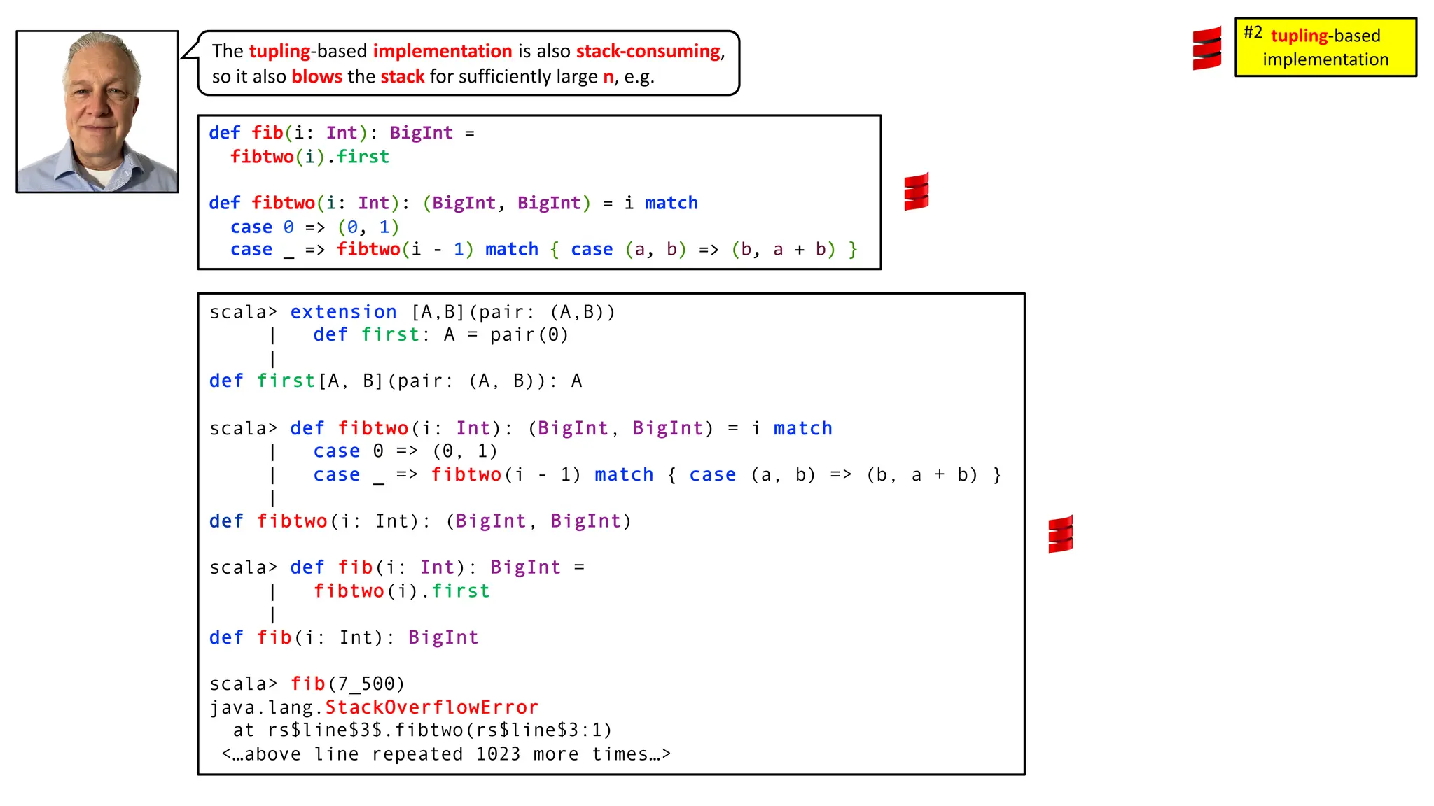 The tupling-based implementation is also stack-consuming,
so it also blows the stack for sufficiently large n, e.g.
scala> extension [A,B](pair: (A,B))
| def first: A = pair(0)
|
def first[A, B](pair: (A, B)): A
scala> def fibtwo(i: Int): (BigInt, BigInt) = i match
| case 0 => (0, 1)
| case _ => fibtwo(i - 1) match { case (a, b) => (b, a + b) }
|
def fibtwo(i: Int): (BigInt, BigInt)
scala> def fib(i: Int): BigInt =
| fibtwo(i).first
|
def fib(i: Int): BigInt
scala> fib(7_500)
java.lang.StackOverflowError
at rs$line$3$.fibtwo(rs$line$3:1)
<&hellip;above line repeated 1023 more times&hellip;>
def fib(i: Int): BigInt =
fibtwo(i).first
def fibtwo(i: Int): (BigInt, BigInt) = i match
case 0 => (0, 1)
case _ => fibtwo(i - 1) match { case (a, b) => (b, a + b) }
tupling-based
implementation
#2
 