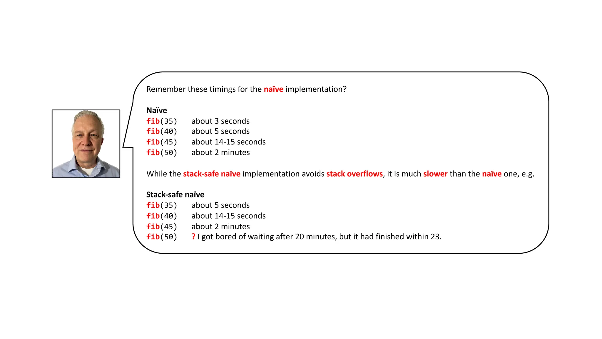 Remember these timings for the na&iuml;ve implementation?
Na&iuml;ve
fib(35) about 3 seconds
fib(40) about 5 seconds
fib(45) about 14-15 seconds
fib(50) about 2 minutes
While the stack-safe na&iuml;ve implementation avoids stack overflows, it is much slower than the na&iuml;ve one, e.g.
Stack-safe na&iuml;ve
fib(35) about 5 seconds
fib(40) about 14-15 seconds
fib(45) about 2 minutes
fib(50) ? I got bored of waiting after 20 minutes, but it had finished within 23.
 