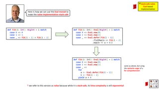 def fib(i: Int): Eval[BigInt] = i match
case 0 => Eval.now(0)
case 1 => Eval.now(1)
case _ =>
for
a <- Eval.defer(fib(i - 1))
b <- fib(i - 2)
yield a + b
Here is how we can use the Eval monad to
make the naïve implementation stack-safe
def fib(i: Int): BigInt = i match
case 0 => 0
case 1 => 1
case _ => fib(i - 1) + fib(i - 2)
def fib(i: Int): Eval[BigInt] = i match
case 0 => Eval.now(0)
case 1 => Eval.now(1)
case _ => Eval.defer(fib(i - 1))
.flatMap(a => fib(i - 2)
.map(b => a + b))
same as above, but using
the syntactic sugar of a
for comprehension
stack-safe naïve
Eval-based
implementation
#5
☨ we refer to this version as naïve because while it is stack-safe, its time complexity is still exponential
 
