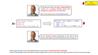 As for recursive streams (mentioned in the first of the
previous two slides), we will be looking into their use later on.
𝑓𝑖𝑏 ∷ 𝐼𝑛𝑡𝑒𝑔𝑒𝑟 → 𝐼𝑛𝑡𝑒𝑔𝑒𝑟
𝑓𝑖𝑏 0 = 1
𝑓𝑖𝑏 1 = 1
𝑓𝑖𝑏 𝑛 = 𝑓𝑖𝑏 𝑛 − 1 + 𝑓𝑖𝑏 𝑛 − 2
def fib(i: Int): BigInt = i match
case 0 => 0
case 1 => 1
case _ => fib(i - 1) + fib(i - 2)
As we have just seen, the naïve☨ implementation
consists of a recursive function whose time
complexity is exponential in its parameter.
Here is the Scala version of the Haskell function.
naïve
implementation
#1
☨ At this point we refer to the naïve implementation as such due to its exponential time complexity
† While in Paul Hudak’s code on the left the sequence begins with 1 and 1, in the code on the right we switch to 0 and 1 (see previous slide).
†
 