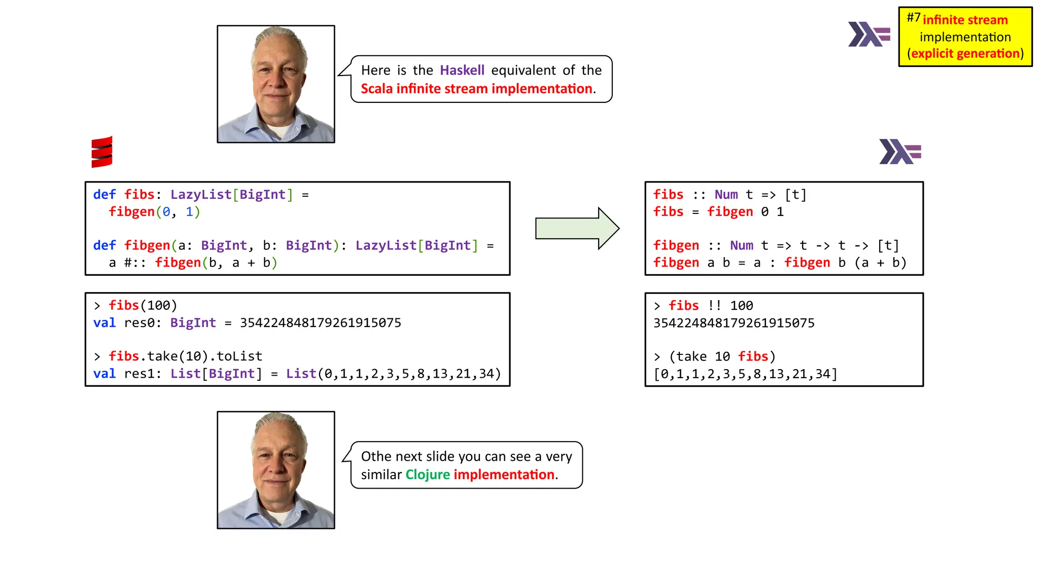 Here is the Haskell equivalent of the Scala inﬁnite stream implementa4on. fibs :: Num t => [t] fibs = fibgen 0 1 fibgen :: Num t => t -> t -> [t] fibgen a b = a : fibgen b (a + b) def fibs: LazyList[BigInt] = fibgen(0, 1) def fibgen(a: BigInt, b: BigInt): LazyList[BigInt] = a #:: fibgen(b, a + b) Othe next slide you can see a very similar Clojure implementa4on. inﬁnite stream implementa)on (explicit genera1on) #7 > fibs(100) val res0: BigInt = 354224848179261915075 > fibs.take(10).toList val res1: List[BigInt] = List(0,1,1,2,3,5,8,13,21,34) > fibs !! 100 354224848179261915075 > (take 10 fibs) [0,1,1,2,3,5,8,13,21,34] 