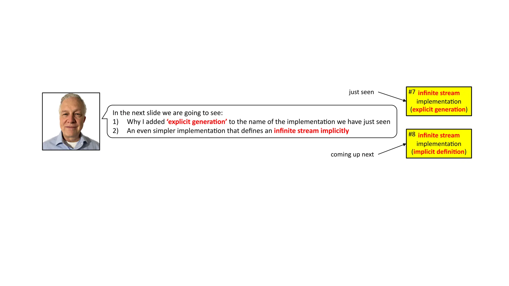 In the next slide we are going to see: 1) Why I added ‘explicit genera4on’ to the name of the implementa3on we have just seen 2) An even simpler implementa3on that deﬁnes an inﬁnite stream implicitly inﬁnite stream implementa)on (explicit genera1on) #7 just seen coming up next inﬁnite stream implementa)on (implicit deﬁni1on) #8 
