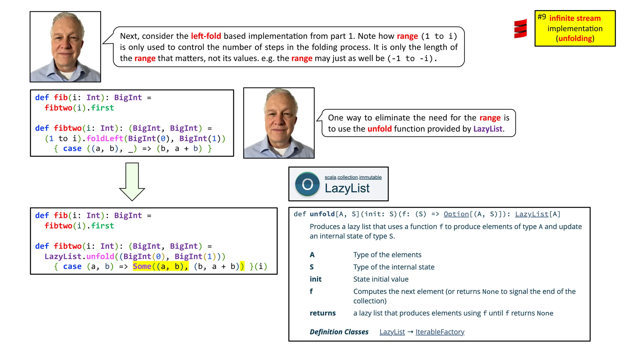Next, consider the leU-fold based implementa3on from part 1. Note how range (1 to i) is only used to control the number of steps in the folding process. It is only the length of the range that maDers, not its values. e.g. the range may just as well be (-1 to -i). def fib(i: Int): BigInt = fibtwo(i).first def fibtwo(i: Int): (BigInt, BigInt) = (1 to i).foldLeft(BigInt(0), BigInt(1)) { case ((a, b), _) => (b, a + b) } One way to eliminate the need for the range is to use the unfold function provided by LazyList. def fib(i: Int): BigInt = fibtwo(i).first def fibtwo(i: Int): (BigInt, BigInt) = LazyList.unfold((BigInt(0), BigInt(1))) { case (a, b) => Some((a, b), (b, a + b)) }(i) inﬁnite stream implementa)on (unfolding) #9 