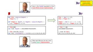 Here is the Haskell equivalent of the
Scala inﬁnite stream implementa4on.
fibs :: Num t => [t]
fibs = fibgen 0 1
fibgen :: Num t => t -> t -> [t]
fibgen a b = a : fibgen b (a + b)
def fibs: LazyList[BigInt] =
fibgen(0, 1)
def fibgen(a: BigInt, b: BigInt): LazyList[BigInt] =
a #:: fibgen(b, a + b)
Othe next slide you can see a very
similar Clojure implementa4on.
inﬁnite stream
implementa)on
(explicit genera1on)
#7
> fibs(100)
val res0: BigInt = 354224848179261915075
> fibs.take(10).toList
val res1: List[BigInt] = List(0,1,1,2,3,5,8,13,21,34)
> fibs !! 100
354224848179261915075
> (take 10 fibs)
[0,1,1,2,3,5,8,13,21,34]
 