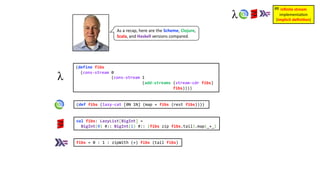 val fibs: LazyList[BigInt] =
BigInt(0) #:: BigInt(1) #:: (fibs zip fibs.tail).map(_+_)
fibs = 0 : 1 : zipWith (+) fibs (tail fibs)
As a recap, here are the Scheme, Clojure,
Scala, and Haskell versions compared.
(define fibs
(cons-stream 0
(cons-stream 1
(add-streams (stream-cdr fibs)
fibs))))
inﬁnite stream
implementa)on
(implicit deﬁni1on)
#8
(def fibs (lazy-cat [0N 1N] (map + fibs (rest fibs))))
 