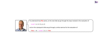 To understand how ﬁbs works, on the next slide we go through the steps involved in the evalua3on of
scanl (+) 0 [1,2,3]
and on the subsequent slide we go through a similar exercise for the evalua3on of
fibs = 0 : scanl (+) 1 fibs
 