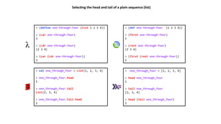 > (def one-through-four `(1 2 3 4))
> (first one-through-four)
1
> (rest one-through-four)
(2 3 4)
> (first (rest one-through-four))
2
> val one_through_four = List(1, 2, 3, 4)
> one_through_four.head
1
> one_through_four.tail
List(2, 3, 4)
> one_through_four.tail.head
2
> one_through_four = [1, 2, 3, 4]
> head one_through_four
1
> tail one_through_four
[2, 3, 4]
> head (tail one_through_four)
2
> (define one-through-four (list 1 2 3 4))
> (car one-through-four)
1
> (cdr one-through-four)
(2 3 4)
> (car (cdr one-through-four))
2
Selec)ng the head and tail of a plain sequence (list)
 