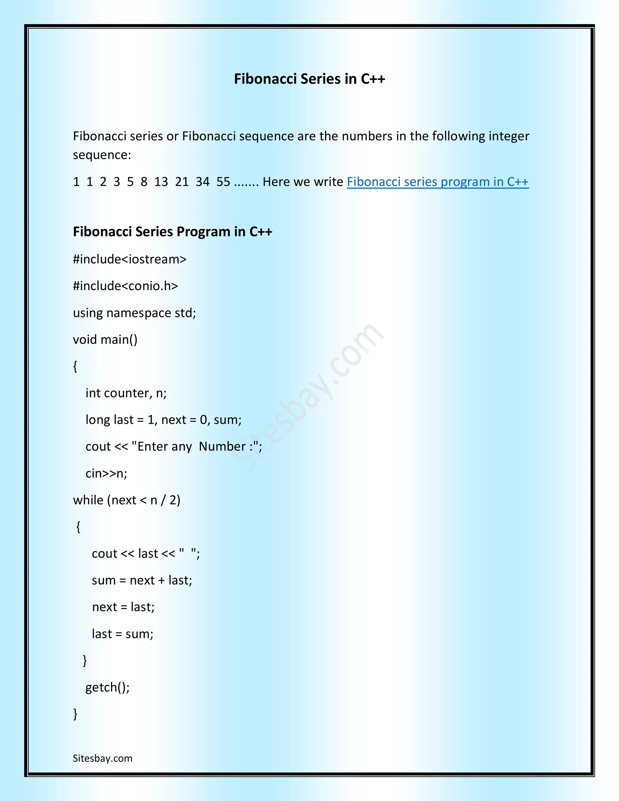 Fibonacci Series Program in C++ | PDF