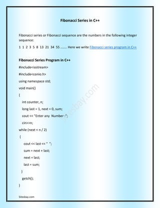 Fibonacci Series Program in C++ | PDF | Computing | Technology & Computing