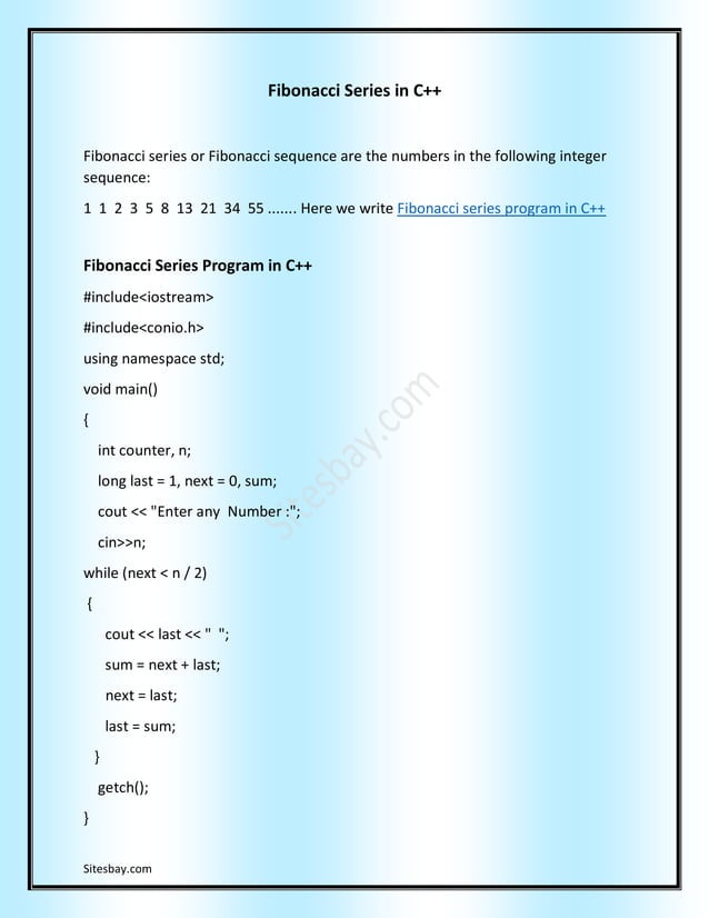 Fibonacci Series Program in C++ | PDF