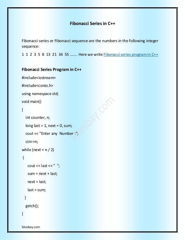Fibonacci Series Program in C++