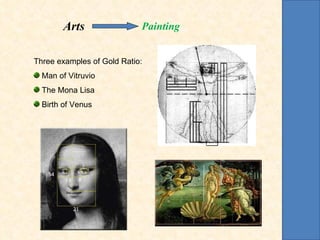 Three examples of Gold Ratio: Man of Vitruvio The Mona Lisa Birth of Venus Arts   Painting 