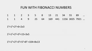 FUN WITH FIBONACCI NUMBERS
1 1 2 3 5 8 13 21 34 55 89 …
1 1 4 9 25 64 169 441 1156 3025 7921 …
12+12+22=6=2x3
12+12+22+32=15=3x5
12+12+22+32+52+82 =104=8x13
4
 