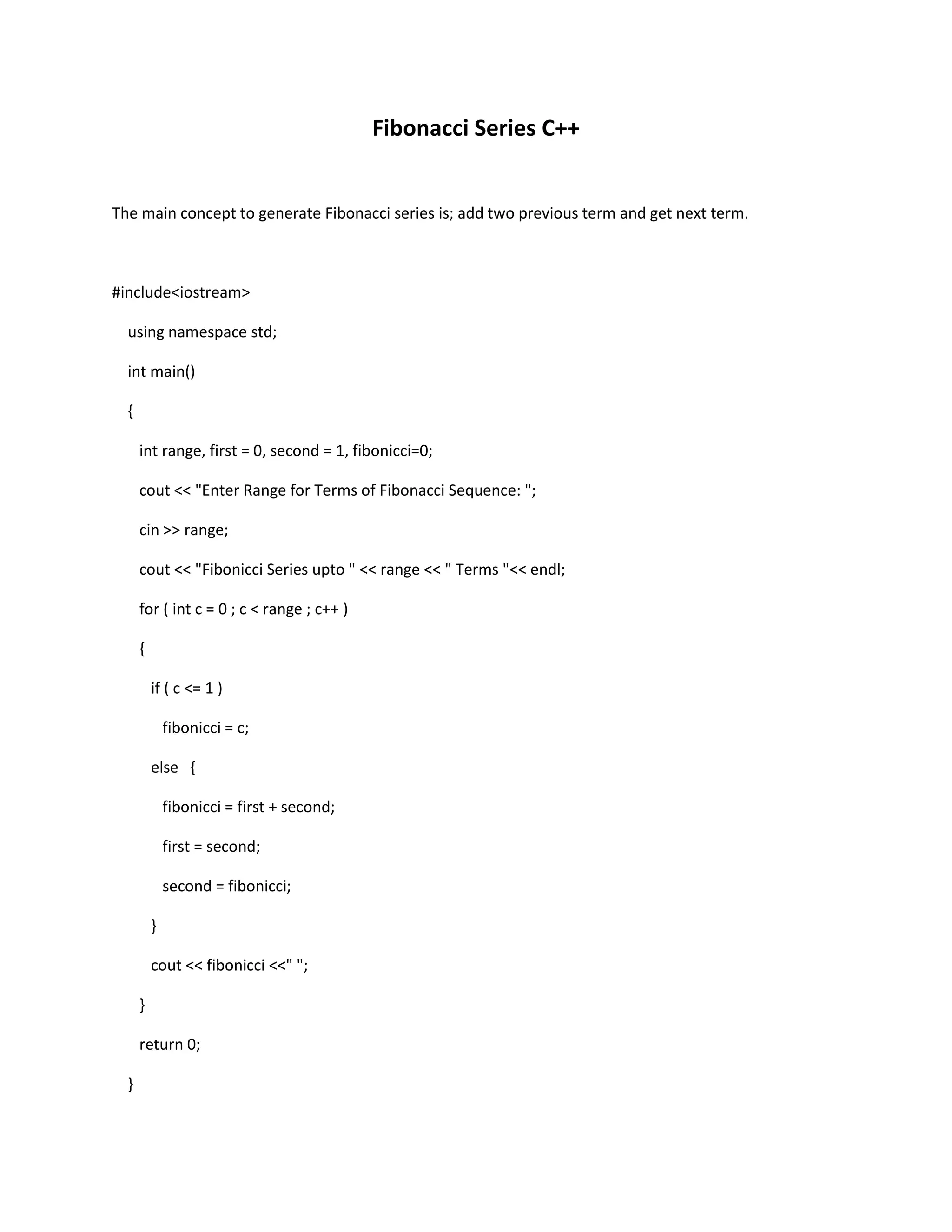 Fibonacci series c++ | PDF