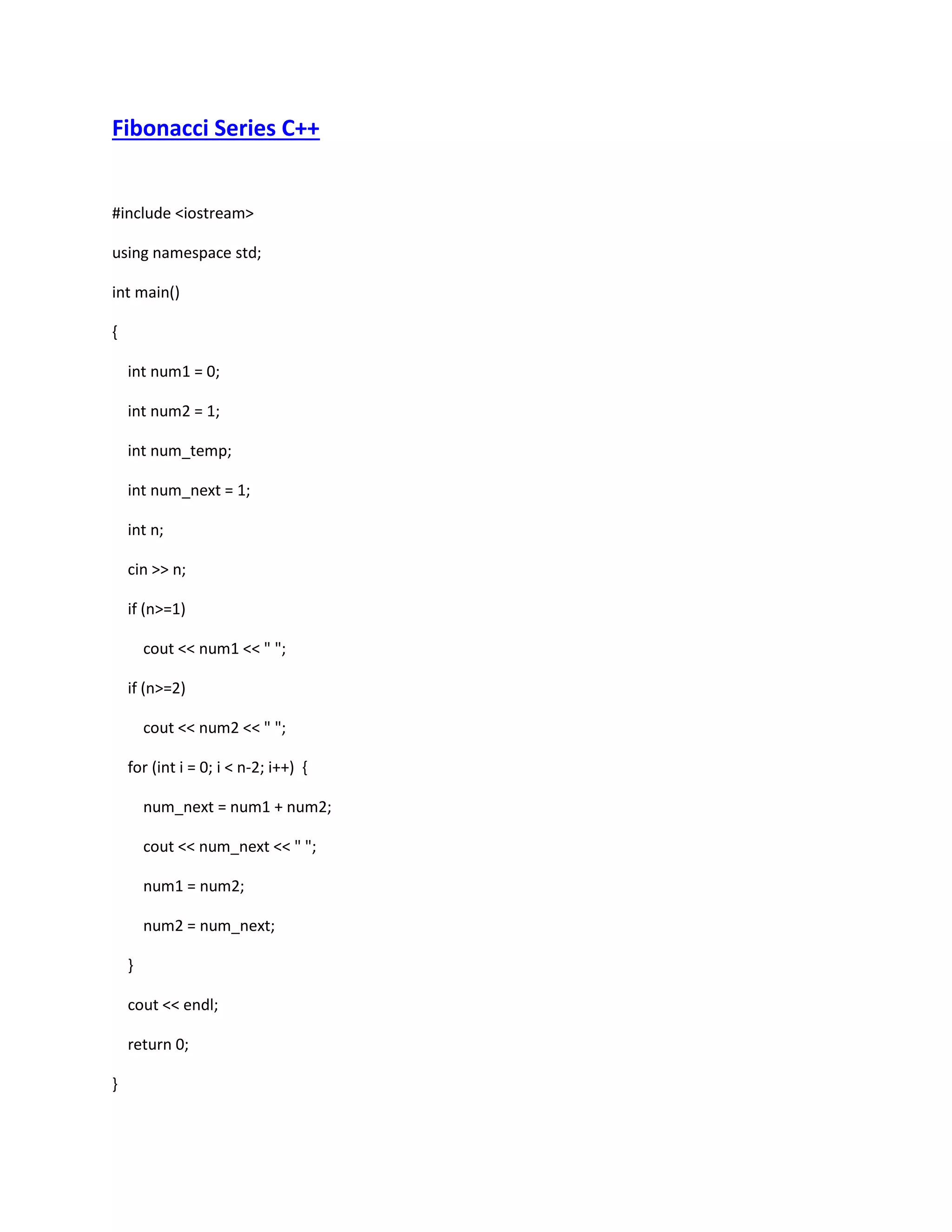 Fibonacci series c++ | PDF