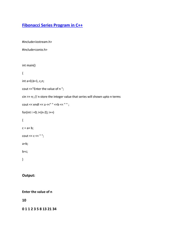 Fibonacci series c++ | PDF