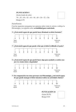 FIBROMIALGIA 2011:RECOMENDACIONES CEVIHP/SE#8DB77         17/11/11    17:27      Página 99




                       PUNTUACIÓN 9
                       (ítems fondo de color

                       36 + 38 + 40 + 42 + 44 + 46 + 48 + 50 + 52 + 54)

                       Rango 0-70

              Autoeficacia
              Con las siguientes preguntas nos gustaría saber cómo le afecta o influye la
              fibromialgia y su opinión sobre su habilidad para controlarla.

              56. ¿Está usted segura de que puede hacer disminuir su dolor bastante?


                   0         1   2     3    4      5     6     7     8       9     10

                 Nada                                                            Totalmente

                segura                                                             segura



              57. ¿Está usted segura de que puede evitar que el dolor le dificulte el sueño?


                   0         1   2     3    4      5     6     7     8       9     10

                 Nada                                                            Totalmente

                segura                                                             segura



              58. ¿Está usted segura de que puede hacer algo para ayudarle a sentirse me­
                  jor si se siente triste o deprimida?


                   0         1   2     3    4      5     6     7     8       9     10

                 Nada                                                            Totalmente

                segura                                                             segura



              59. En comparación con otras personas con Fibromialgia, ¿está usted segura
                  de que puede manejar el dolor mientras realiza sus actividades diarias?


                   0         1   2     3    4      5     6     7     8       9     10
                 Nada                                                            Totalmente
                segura                                                             segura



                                                             PUNTUACIÓN 10
                                                             (ítems 56-59)
                                                             Rango 0-40




              FIBROMIALGIA                                                                     99
 