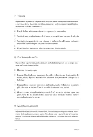 FIBROMIALGIA 2011:RECOMENDACIONES CEVIHP/SE#8DB77            17/11/11     17:27     Página 104




              7. Tristeza


               Representa la experiencia subjetiva del humor, que puede ser expresado externamente
               o no; incluye ánimo deprimido, moral baja, desánimo y sentimientos de imposibilidad de
               ser ayudado y pérdida de esperanza


              0 Puede haber tristeza ocasional en algunas circunstancias
              1
              2 Sentimientos predominantes de tristeza pero existen momentos de alegría
              3
              4 Sentimientos persistentes de tristeza o melancolía; el humor es fuerte­
                mente influenciado por circunstancias externas
              5
              6 Experiencia continúa de miseria o extrema dependencia



              8. Problemas de sueño


               Representa la experiencia subjetiva de sueño perturbado comparado con su propia pau­
               ta de sueño cuando estaba bien


              0	 Duerme como siempre
              1
              2	 Ligera dificultad para quedarse dormido, reducción de la duración del
                 sueño, sueño ligero o intermitente o sueños más profundos o largos de lo
                 habitual
              3
              4	 Frecuentes o intensos trastornos del sueño, sueño reducido o interrum­
                 pido durante al menos 2 horas o varias horas extra de sueño
              5
              6	 Graves trastornos del sueño; menos de 2 o 3 horas de sueño o pasar una
                 gran parte del día adormilado a pesar de tener un sueño normal o incre­
                 mentado durante la noche



              9. Molestias vegetativas


               Representa la descripción de palpitaciones, dificultades para respirar, mareos, incre­
               mento de la sudoración, manos y pies fríos, boca seca y aumento de la frecuencia
               urinaria. Puntuar de acuerdo a la intensidad, frecuencia y duración de uno o más sín­
               tomas




              104	                                                                             SANIDAD
 